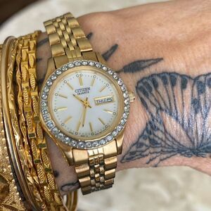 Citizen Quartz Swaroski Crystal Gold-Tone Watch Mother-of-Pearl Dial